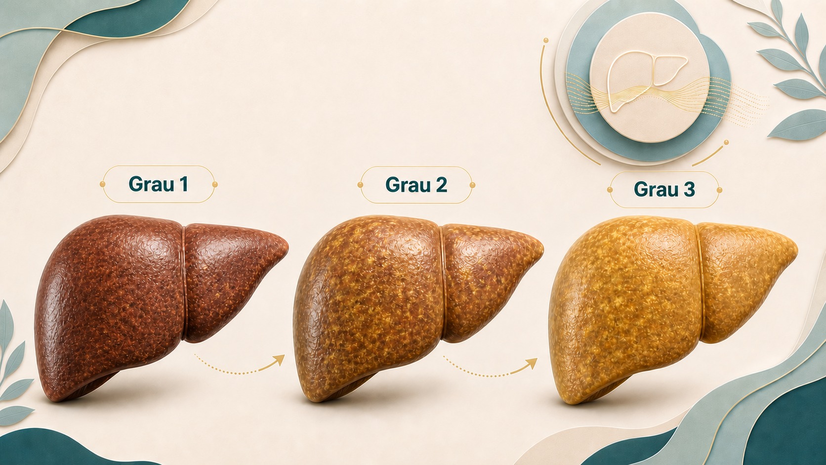 Três fígados lado a lado mostrando o aumento progressivo de gordura nos graus 1, 2 e 3 da esteatose hepática