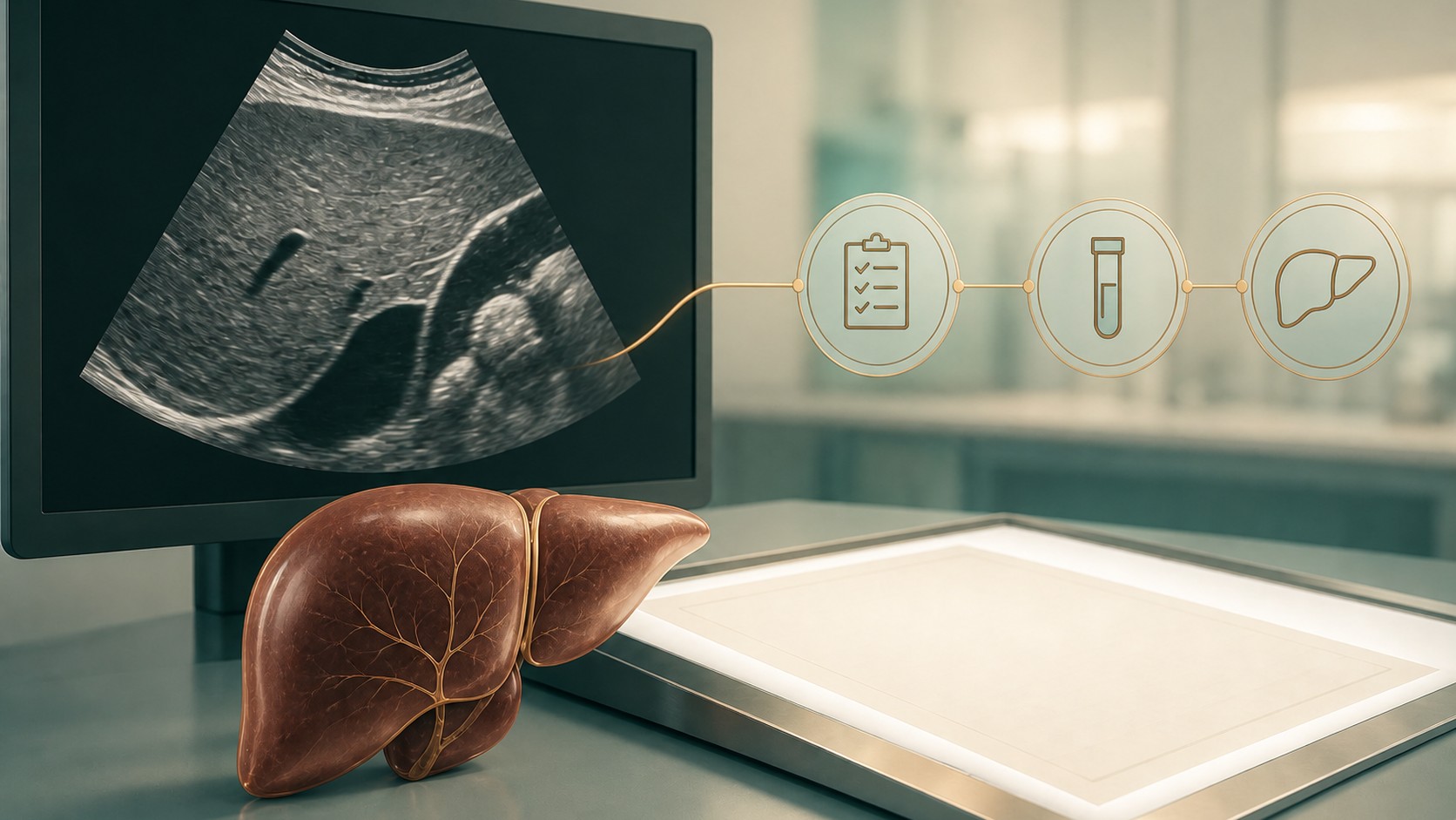 Monitor de ultrassom com exame de fígado ao lado de modelo anatômico hepático e as três etapas da investigação após o diagnóstico
